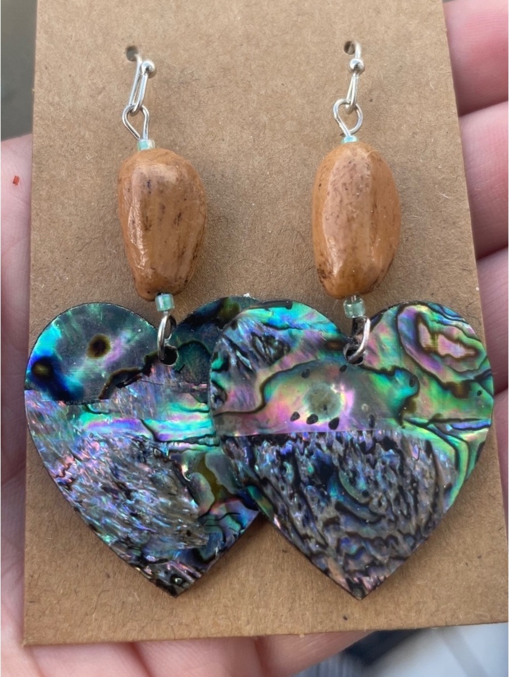 Handmade Abalone inlay pine nut Heart Earrings coastal pine beach finds